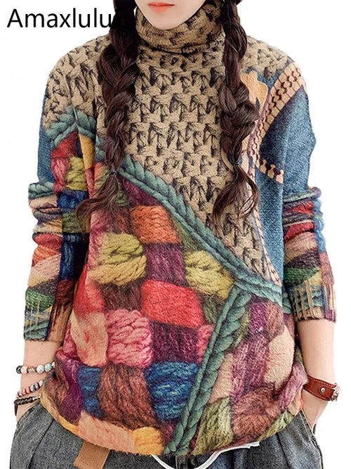 Amax luluE Spring Women Fashion Printed Turtleneck Knitted Sweaters Ladies Leisure Casual Jumpers Classic Elegant Warm Pullovers